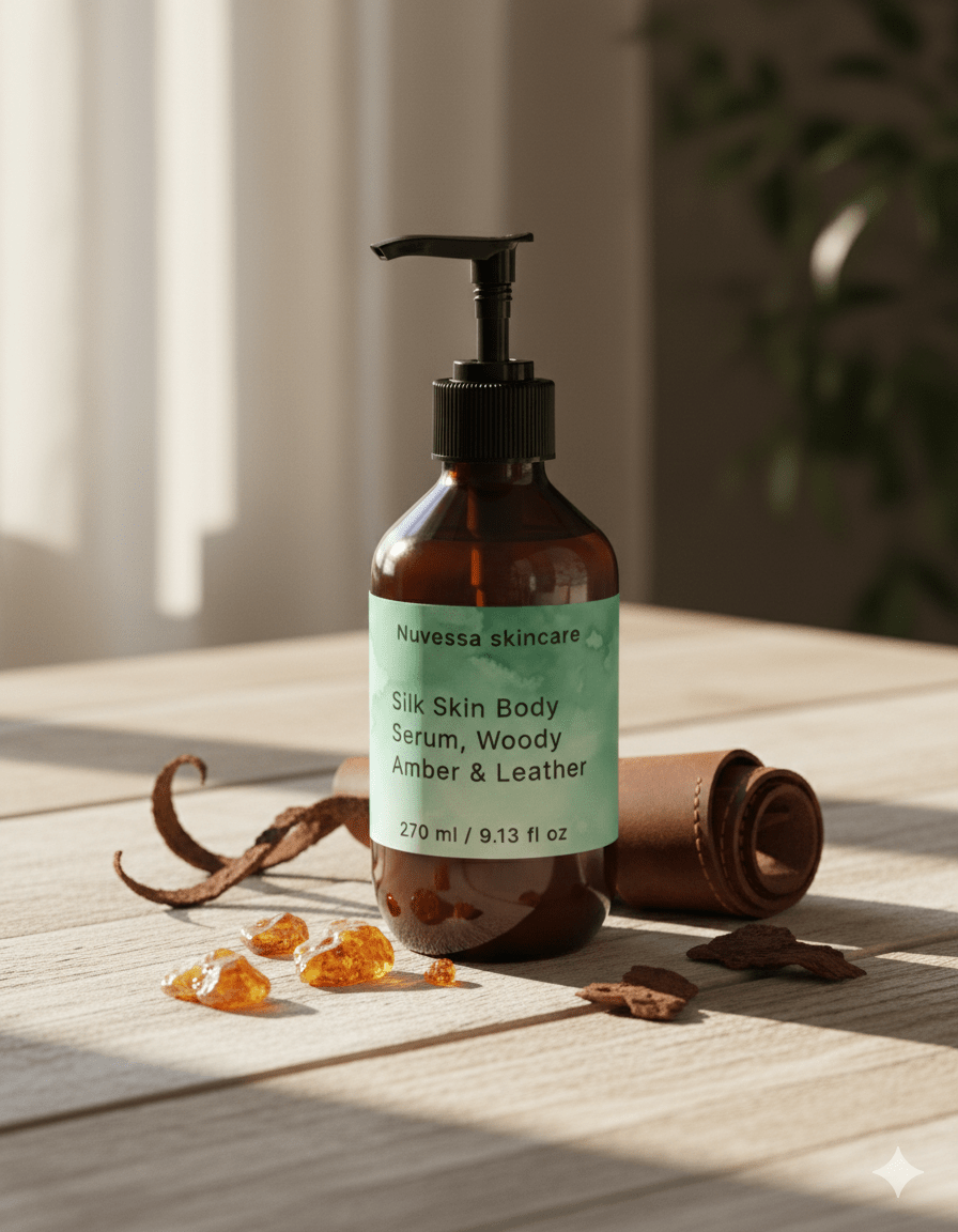 Silk Skin Body Serum, Woody Amber & Leather - Nuvessa Skincare