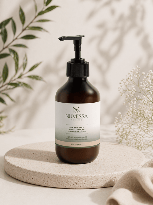 Silk Skin Body Serum for Deep Hydration | Woody Amber & Leather Fast - Absorbing Formula - Skin Care | Nuvessa Skincare