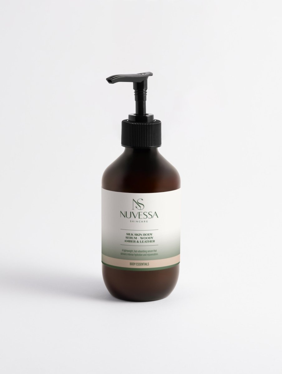 Silk Skin Body Serum for Deep Hydration | Woody Amber & Leather Fast - Absorbing Formula - Skin Care | Nuvessa Skincare