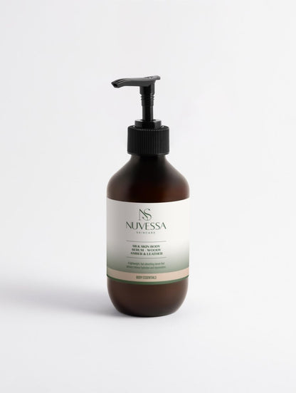 Silk Skin Body Serum for Deep Hydration | Woody Amber & Leather Fast - Absorbing Formula - Skin Care | Nuvessa Skincare