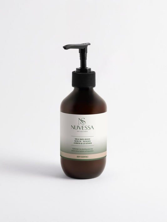 Silk Skin Body Serum for Deep Hydration | Woody Amber & Leather Fast - Absorbing Formula - Skin Care | Nuvessa Skincare