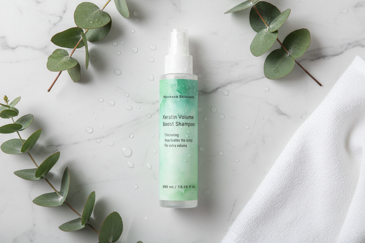 Keratin shampoo flat lay