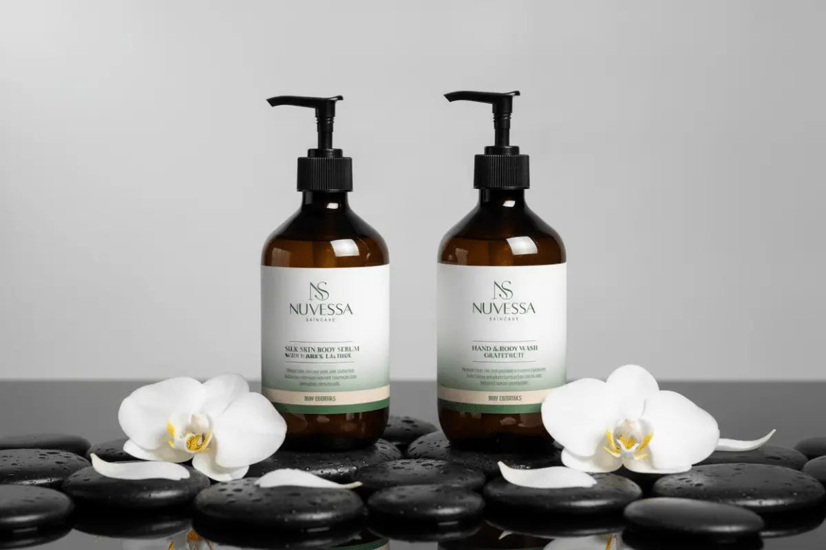 Nuvessa body serum and body wash in amber pump bottles with white orchids and black spa stones.

